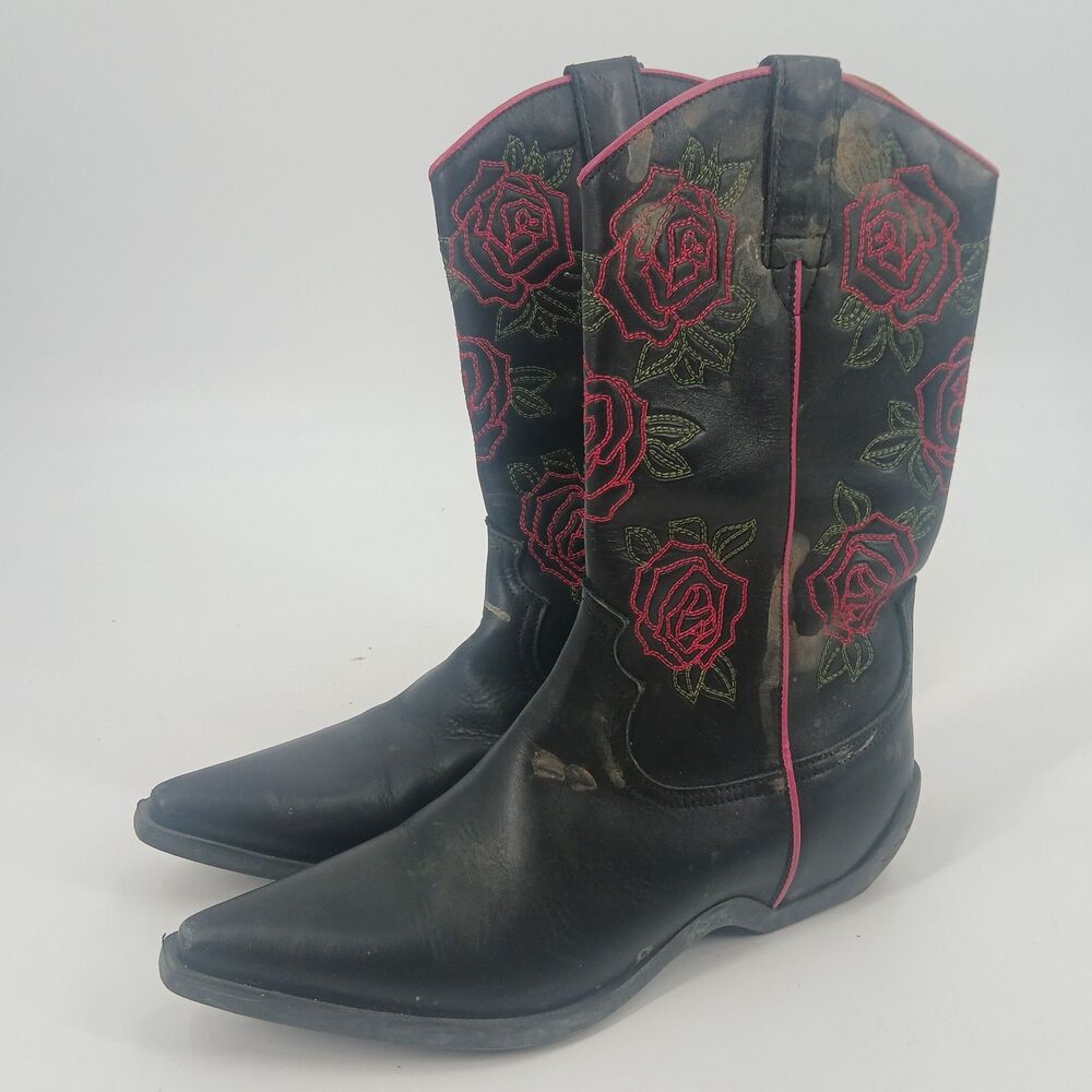 womans Black Leather Floral Embroidered Western Cowboy Boots Size 7.5